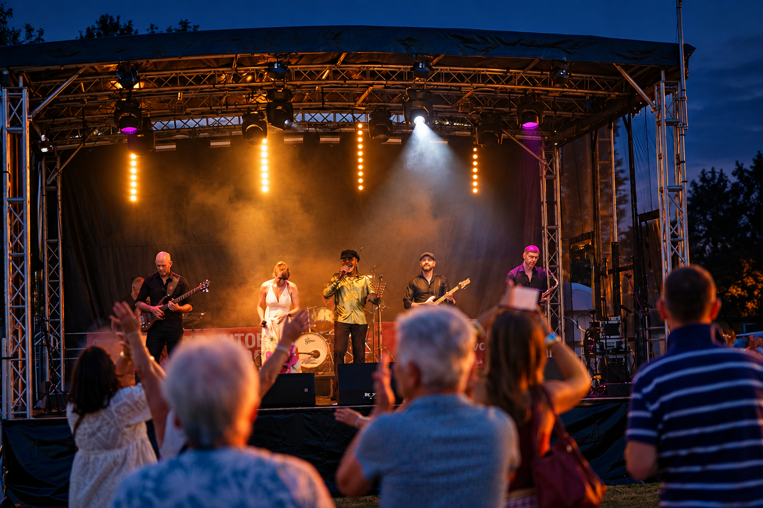Live band performing on a festival stage with sound and lighting