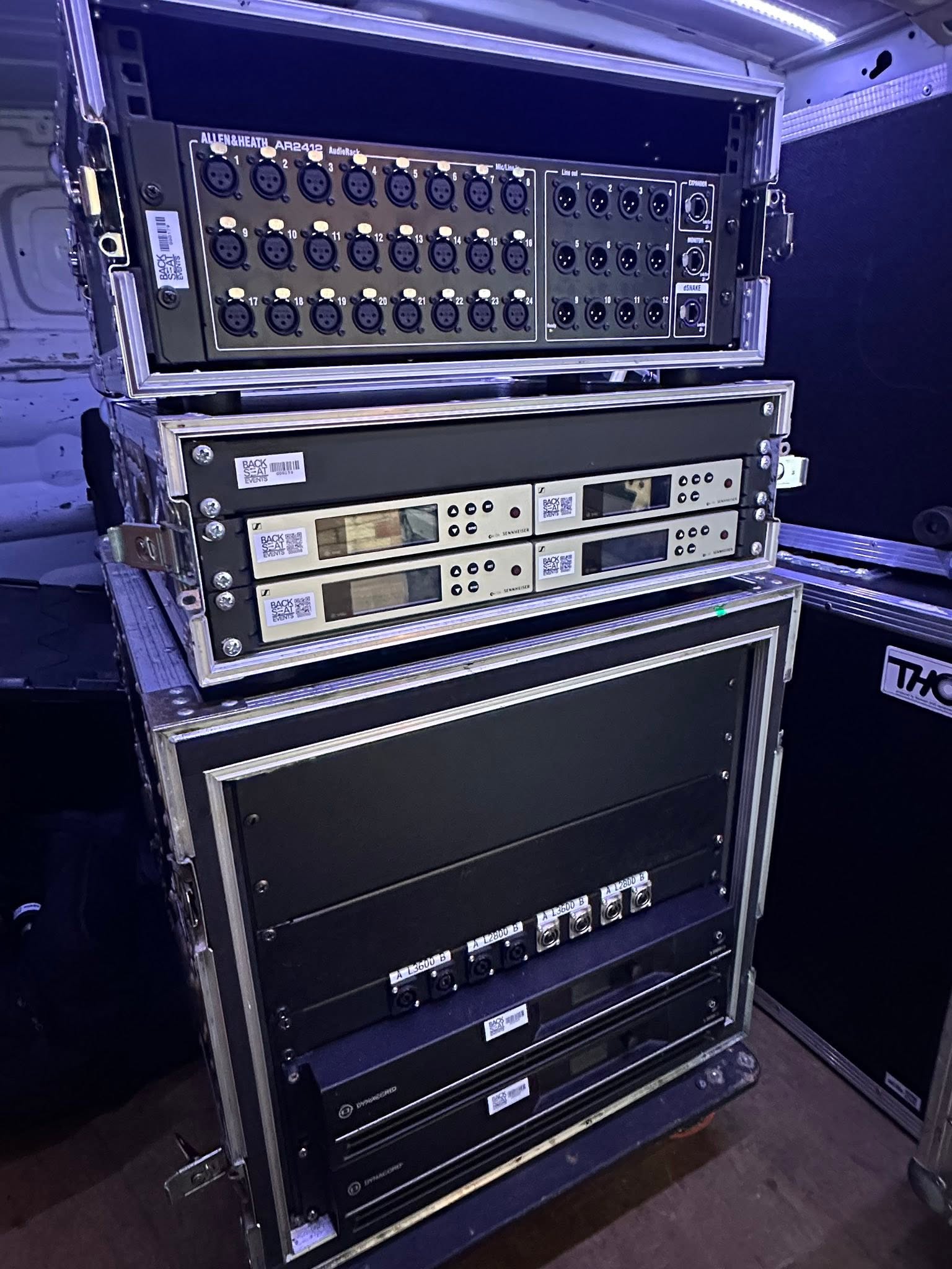 Backseat Events equipment rack with custom patch panels