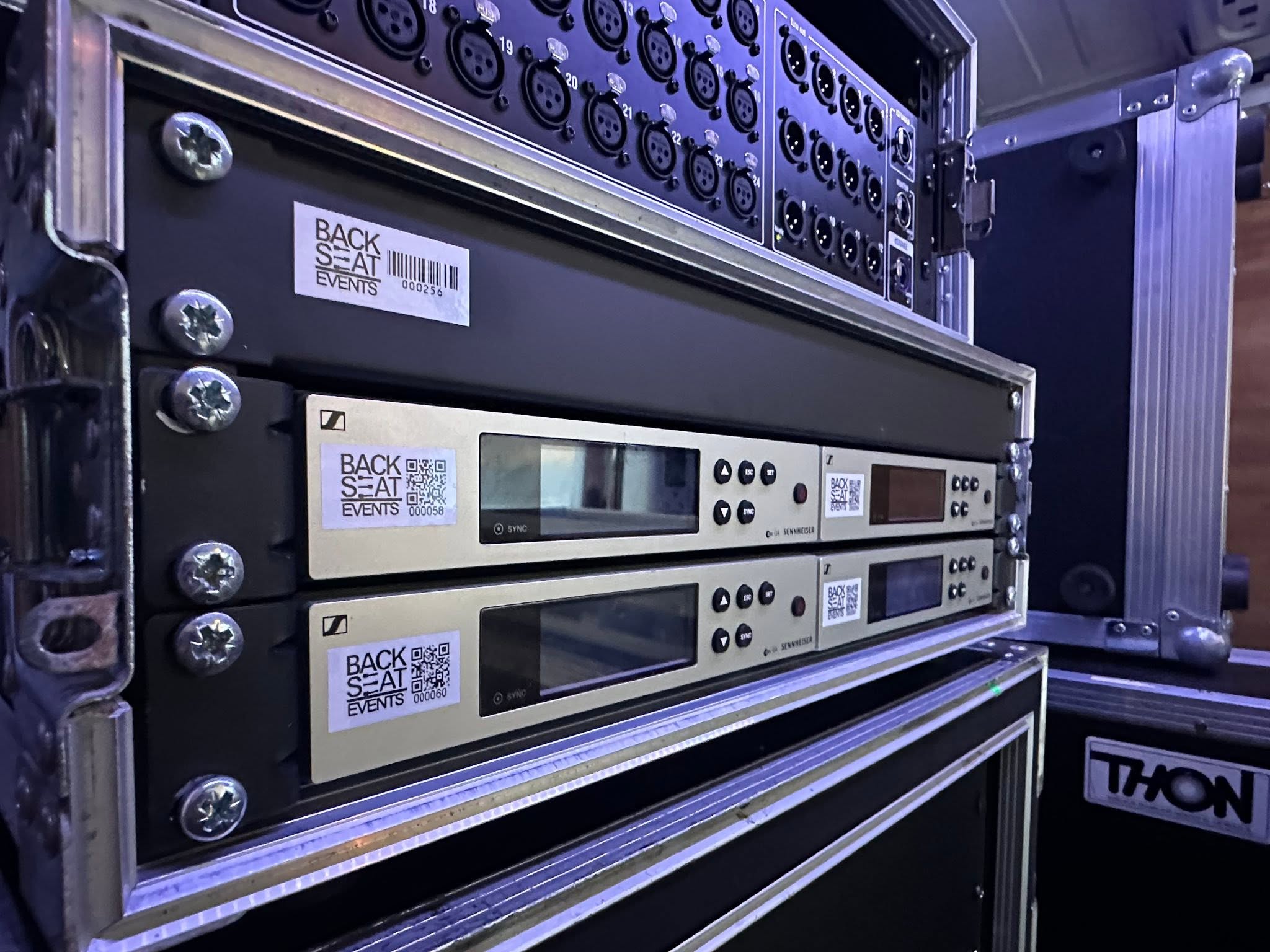Close view of the custom patch panel on the Backseat Events rack