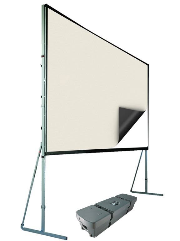 Projector and fast-fold screen with front and rear projection surfaces